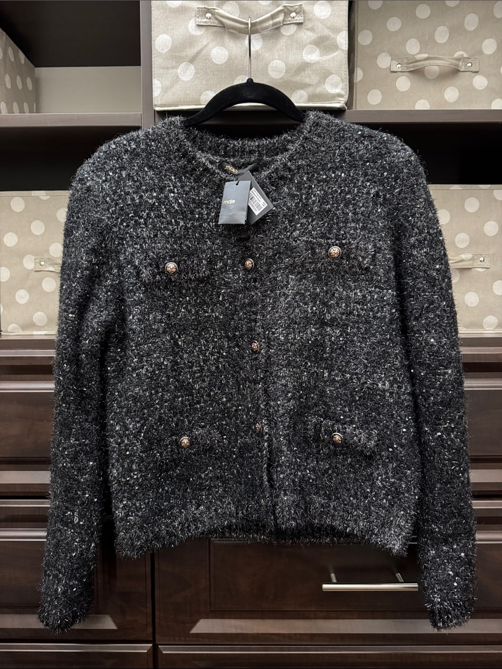 Maje Women's Textured Black Tweed-Style Button Cardigan Jacket